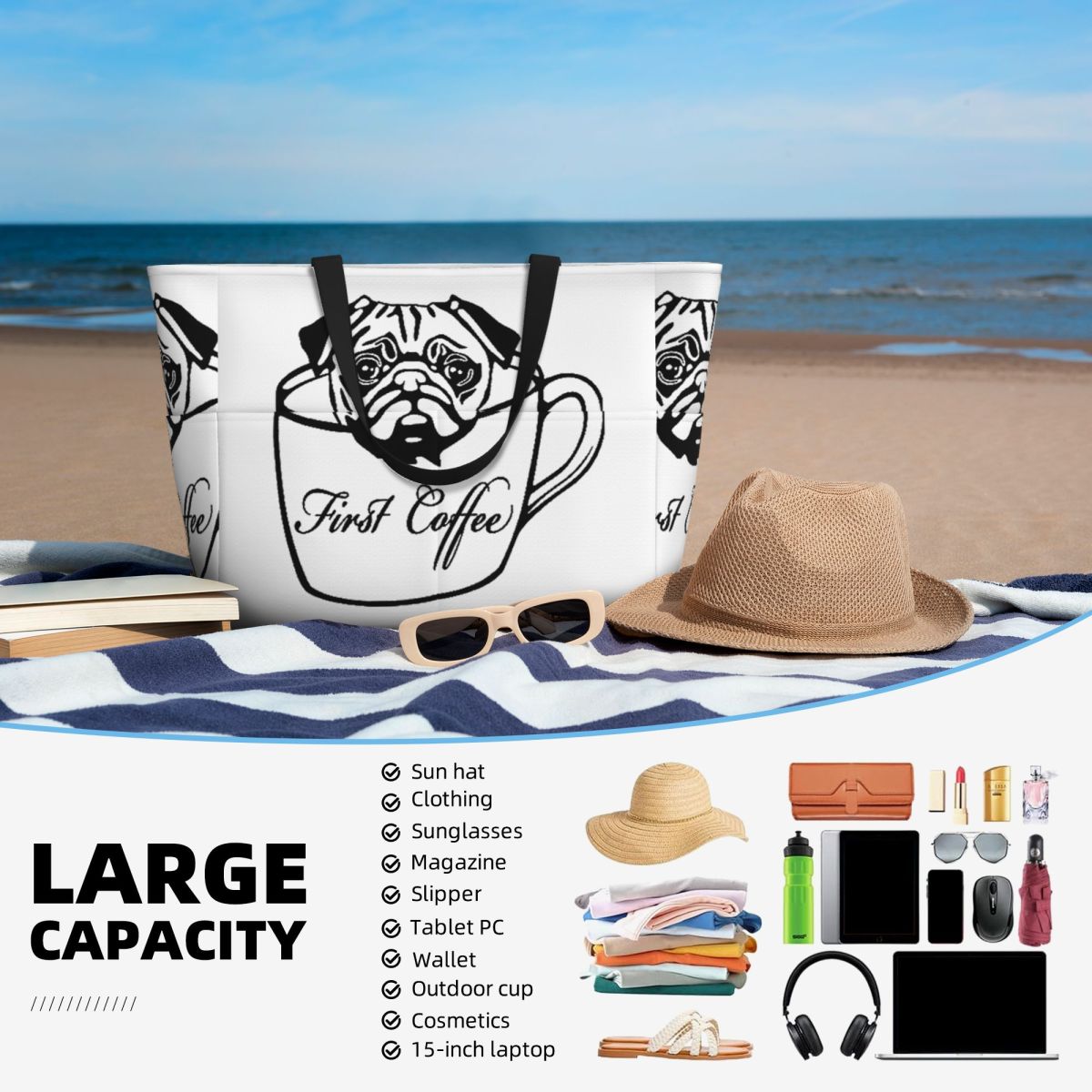 Bolso de mano Pug First Coffee - Yoga In Fitness First reseña y precio